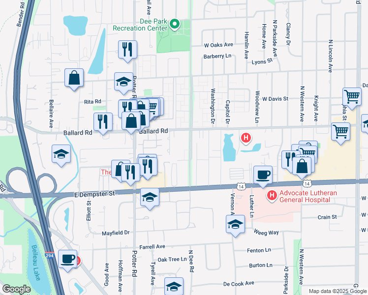 map of restaurants, bars, coffee shops, grocery stores, and more near 8994 Kennedy Drive in Des Plaines