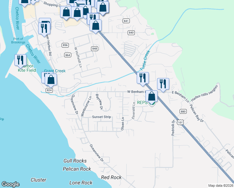 map of restaurants, bars, coffee shops, grocery stores, and more near 98036 West Benham Lane in Brookings