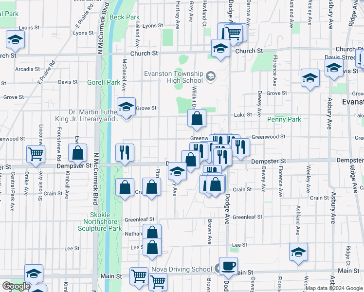 map of restaurants, bars, coffee shops, grocery stores, and more near 2120 Greenwood Street in Evanston