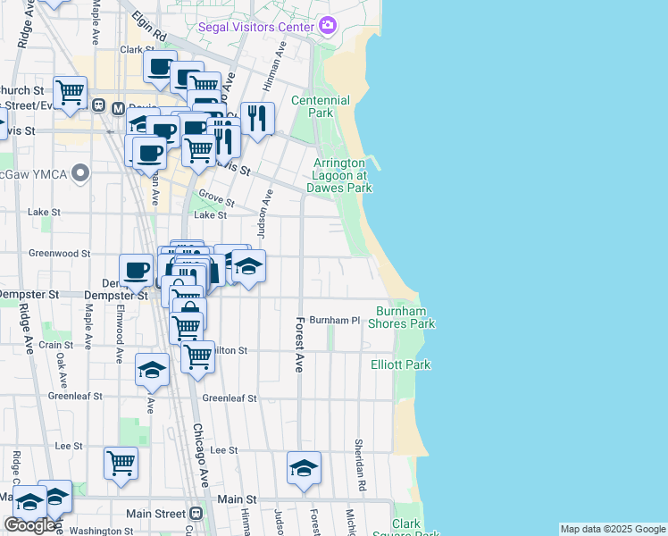 map of restaurants, bars, coffee shops, grocery stores, and more near 214 Greenwood Street in Evanston