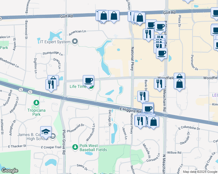 map of restaurants, bars, coffee shops, grocery stores, and more near 1051 Woodfield Road in Schaumburg