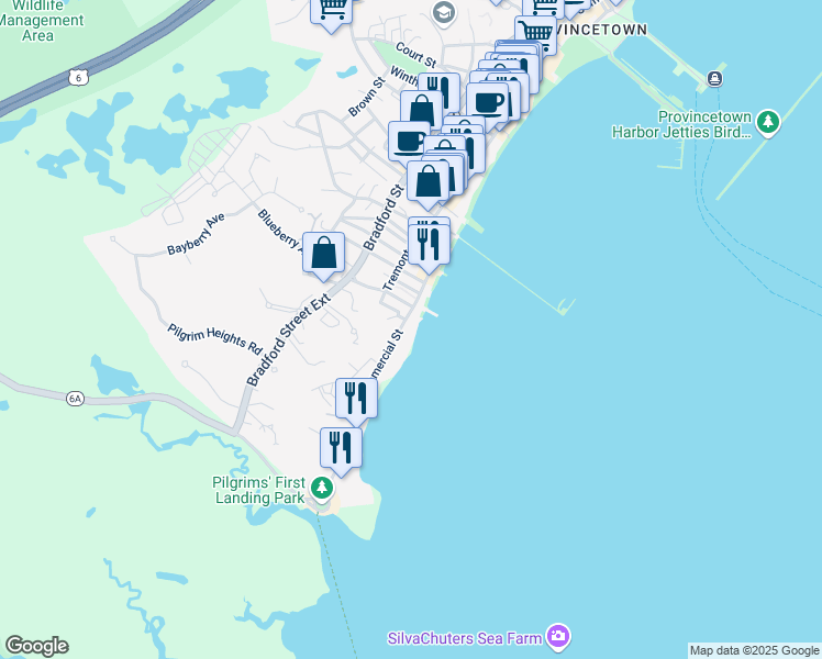 map of restaurants, bars, coffee shops, grocery stores, and more near 63 Commercial Street in Provincetown