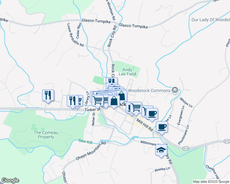map of restaurants, bars, coffee shops, grocery stores, and more near 16 Rock City Road in Woodstock