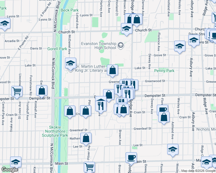 map of restaurants, bars, coffee shops, grocery stores, and more near 2100 Greenwood Street in Evanston