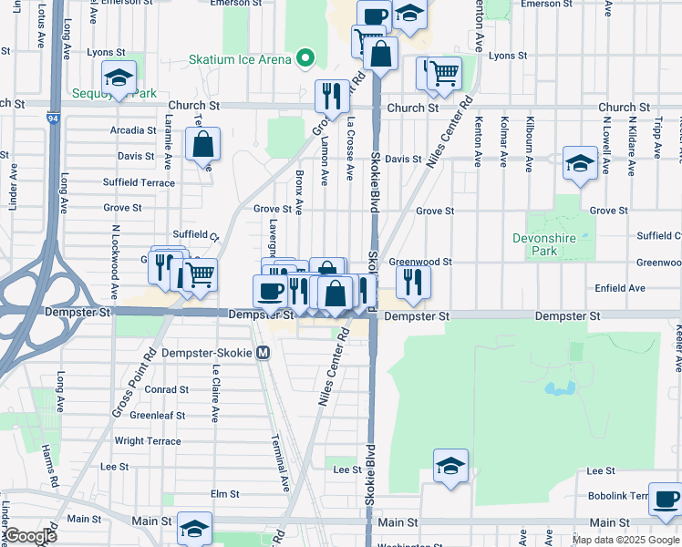 map of restaurants, bars, coffee shops, grocery stores, and more near 8840 La Crosse Avenue in Skokie