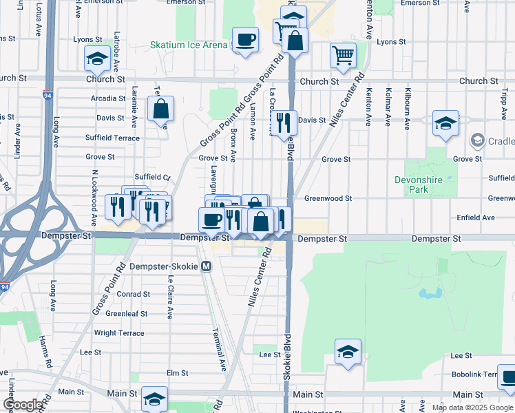 map of restaurants, bars, coffee shops, grocery stores, and more near 8840 La Crosse Avenue in Skokie