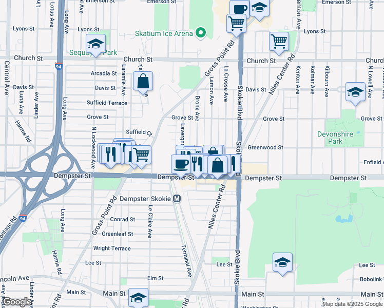 map of restaurants, bars, coffee shops, grocery stores, and more near 8841 Lavergne Avenue in Skokie