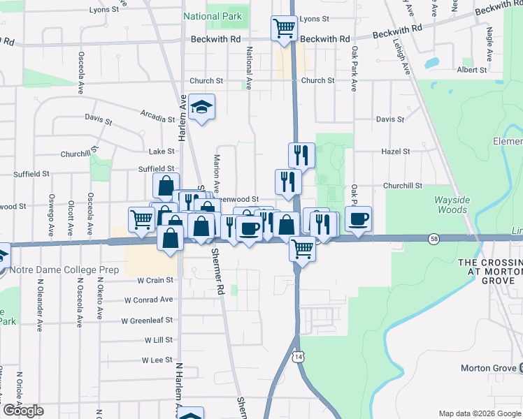 map of restaurants, bars, coffee shops, grocery stores, and more near 8830 Sayre Avenue in Morton Grove