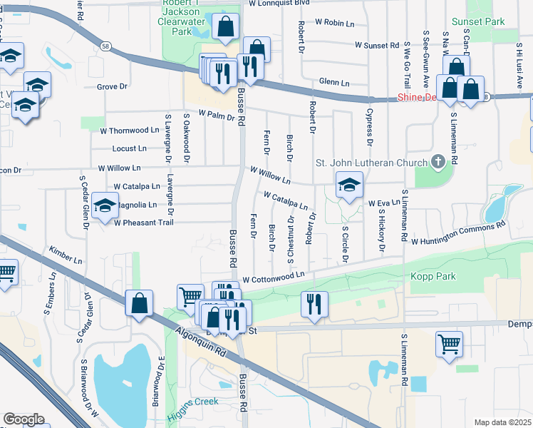 map of restaurants, bars, coffee shops, grocery stores, and more near 1408 Birch Drive in Mount Prospect