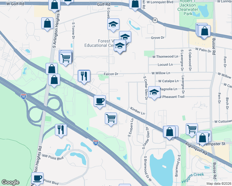 map of restaurants, bars, coffee shops, grocery stores, and more near 2411 South Goebbert Road in Arlington Heights