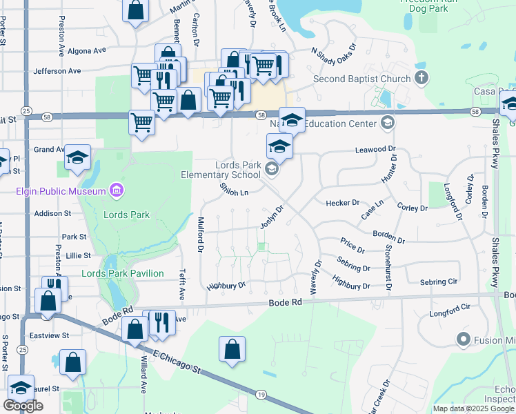 map of restaurants, bars, coffee shops, grocery stores, and more near 80 Joslyn Drive in Elgin