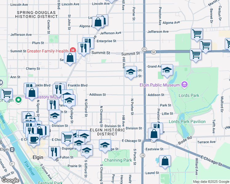 map of restaurants, bars, coffee shops, grocery stores, and more near 470 Addison Street in Elgin