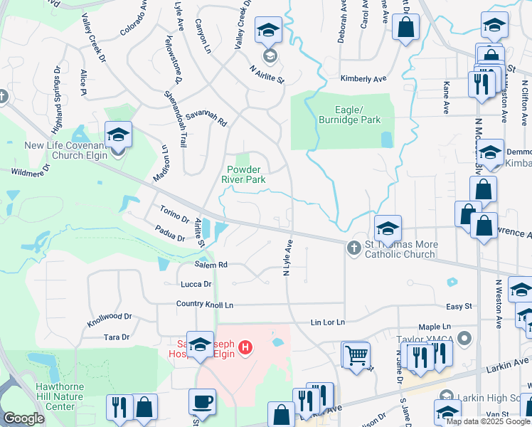 map of restaurants, bars, coffee shops, grocery stores, and more near 1860 West Highland Avenue in Elgin