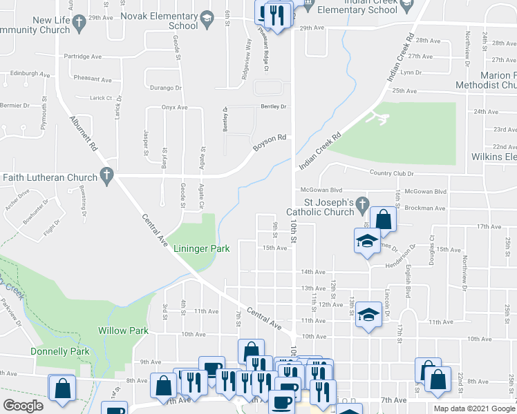 map of restaurants, bars, coffee shops, grocery stores, and more near 800 17th Avenue in Marion