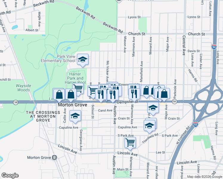 map of restaurants, bars, coffee shops, grocery stores, and more near 6010 Forest Drive in Morton Grove