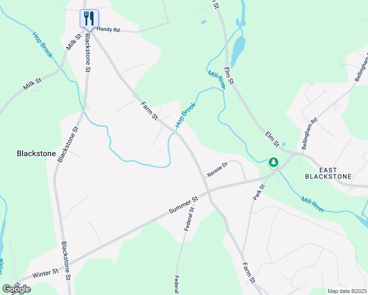 map of restaurants, bars, coffee shops, grocery stores, and more near 182 Farm Street in Blackstone