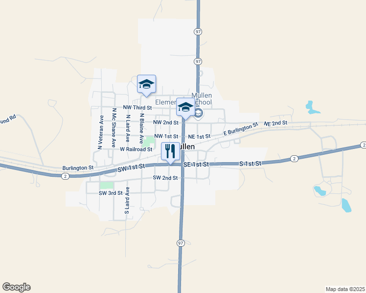 map of restaurants, bars, coffee shops, grocery stores, and more near in Mullen