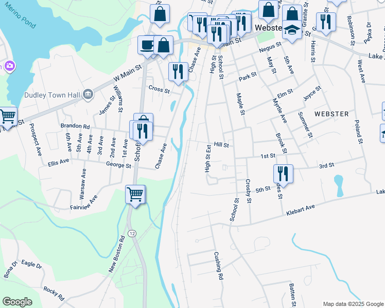 map of restaurants, bars, coffee shops, grocery stores, and more near 8 Fenner Street in Webster