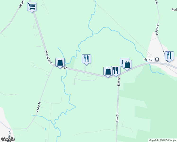map of restaurants, bars, coffee shops, grocery stores, and more near 1482 Main Street in Hanson