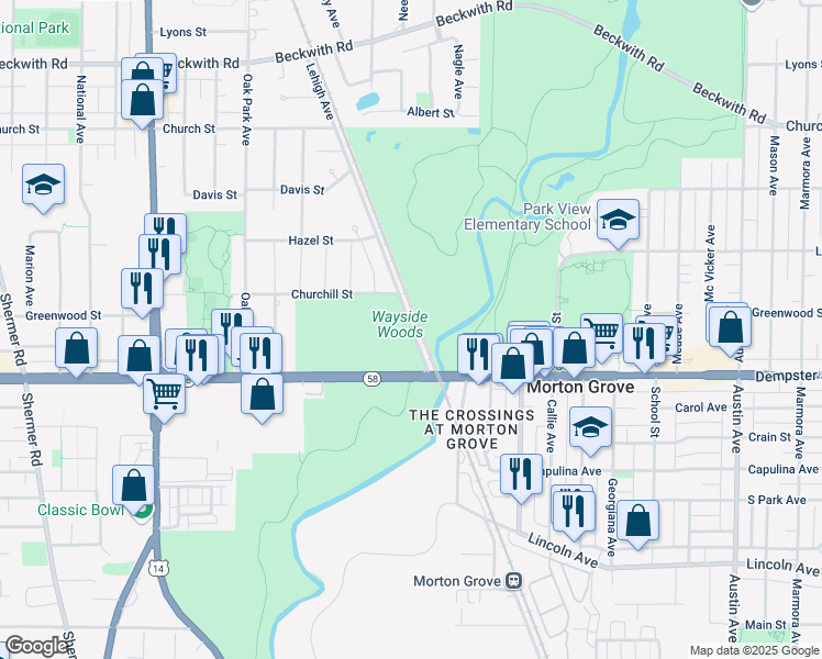 map of restaurants, bars, coffee shops, grocery stores, and more near 8874 Lehigh Avenue in Morton Grove