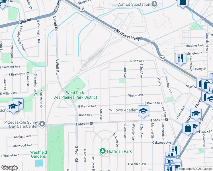map of restaurants, bars, coffee shops, grocery stores, and more near 584 South 4th Avenue in Des Plaines