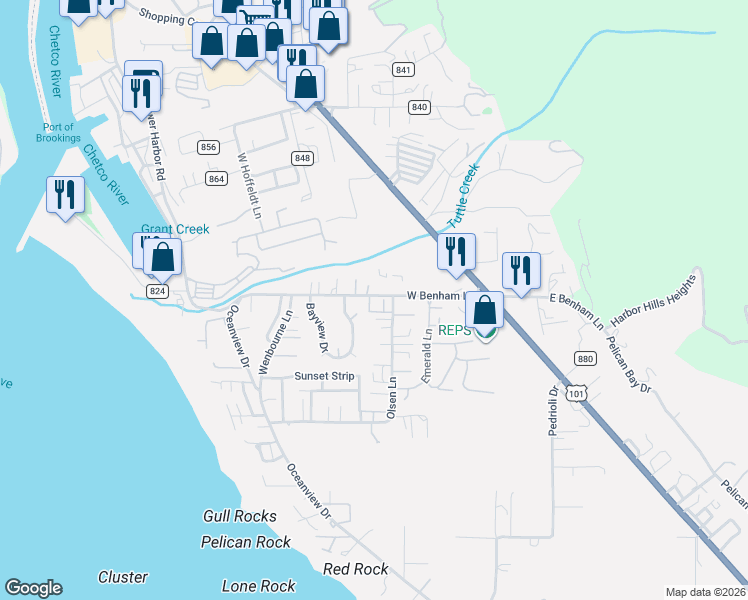 map of restaurants, bars, coffee shops, grocery stores, and more near 98042 West Benham Lane in Brookings