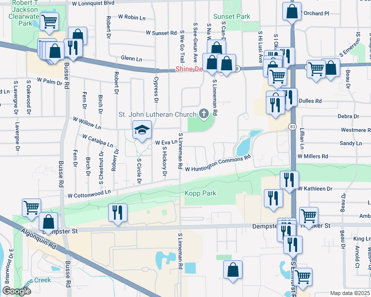 map of restaurants, bars, coffee shops, grocery stores, and more near 831 West Partridge Lane in Mount Prospect