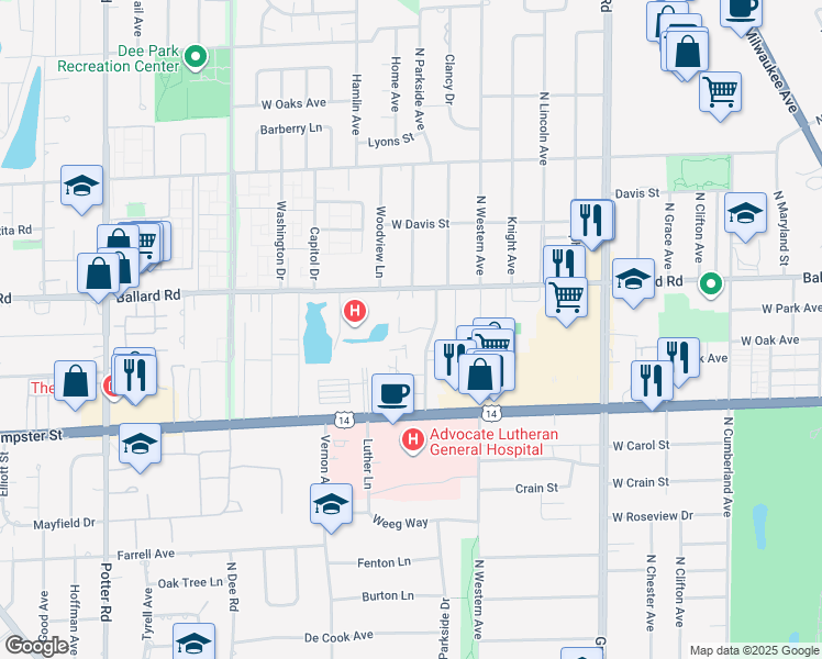 map of restaurants, bars, coffee shops, grocery stores, and more near 2000 Parkside Drive in Park Ridge