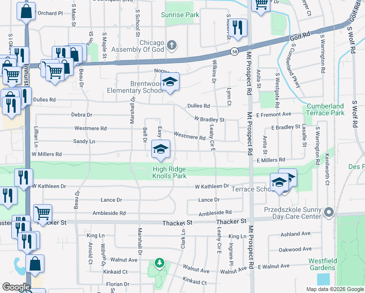 map of restaurants, bars, coffee shops, grocery stores, and more near 240 W Millers Rd in Des Plaines