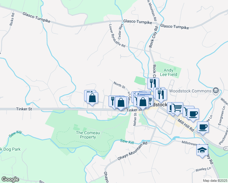 map of restaurants, bars, coffee shops, grocery stores, and more near 130 Orchard Lane North in Woodstock