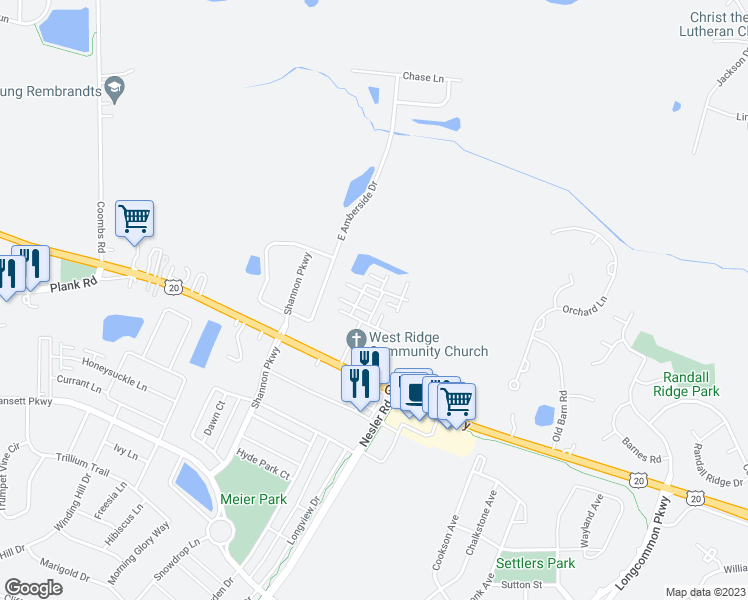 map of restaurants, bars, coffee shops, grocery stores, and more near 456 Churchill Drive in Elgin