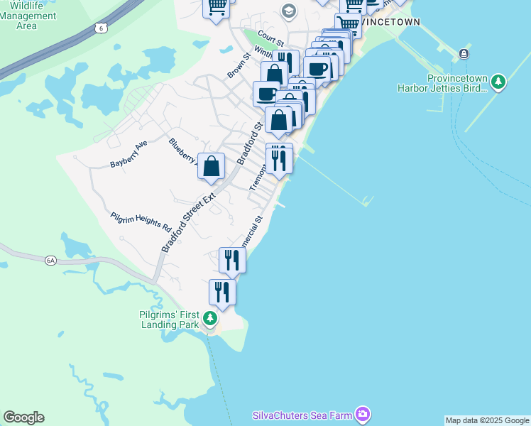 map of restaurants, bars, coffee shops, grocery stores, and more near 63 Commercial Street in Provincetown