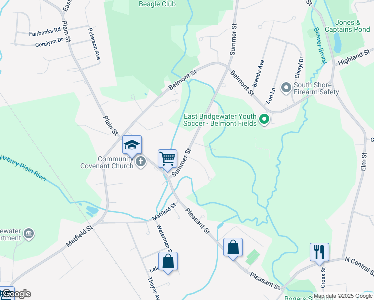 map of restaurants, bars, coffee shops, grocery stores, and more near 81 Summer Street in East Bridgewater