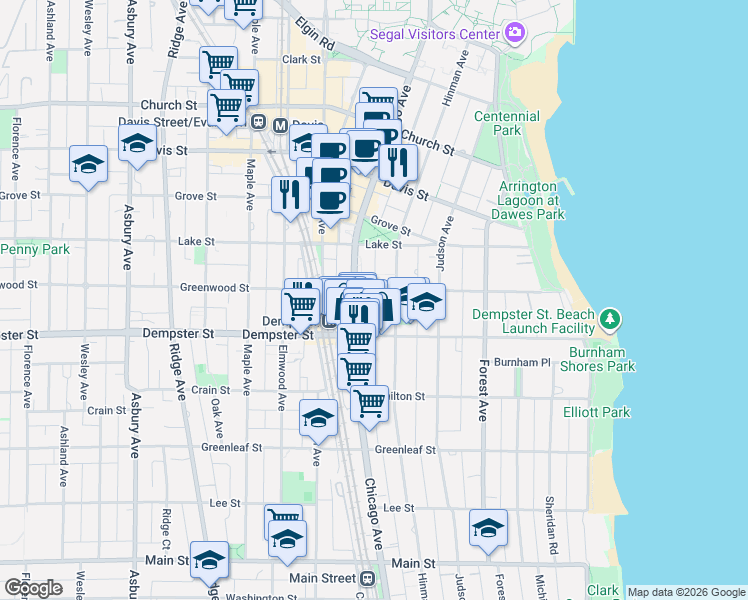 map of restaurants, bars, coffee shops, grocery stores, and more near 1322 Hinman Avenue in Evanston