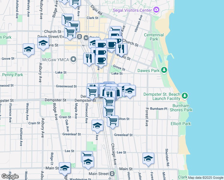map of restaurants, bars, coffee shops, grocery stores, and more near 1322 Hinman Avenue in Evanston
