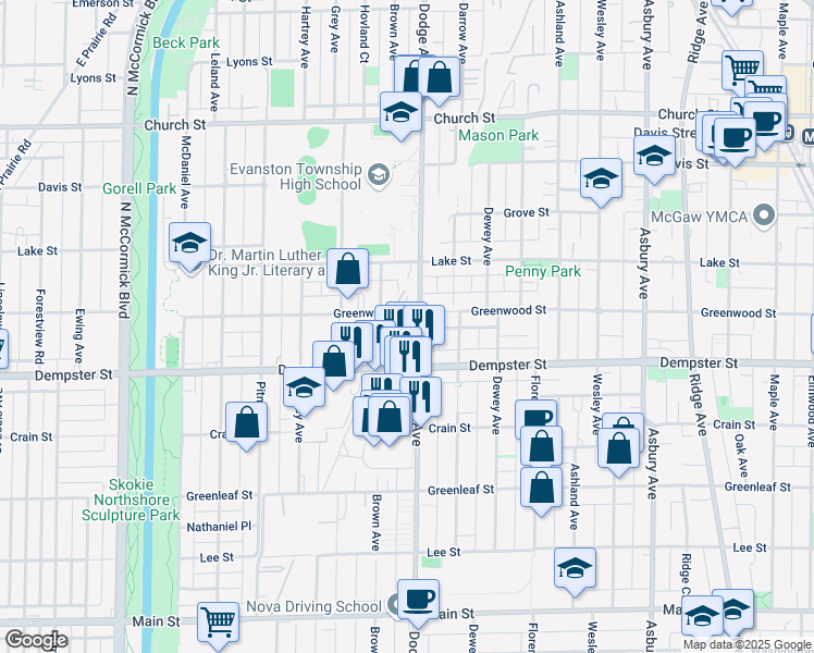 map of restaurants, bars, coffee shops, grocery stores, and more near 1323 Dodge Avenue in Evanston
