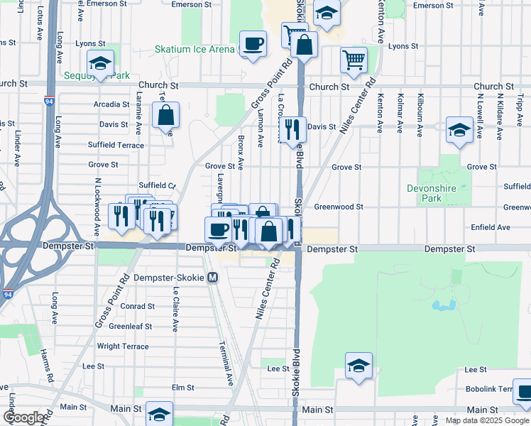 map of restaurants, bars, coffee shops, grocery stores, and more near 8840 La Crosse Avenue in Skokie