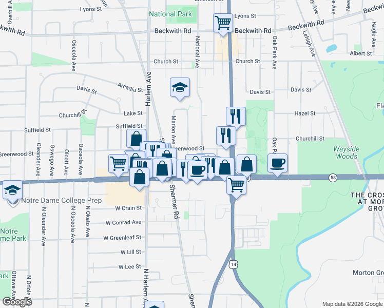 map of restaurants, bars, coffee shops, grocery stores, and more near 8829 Belleforte Avenue in Morton Grove