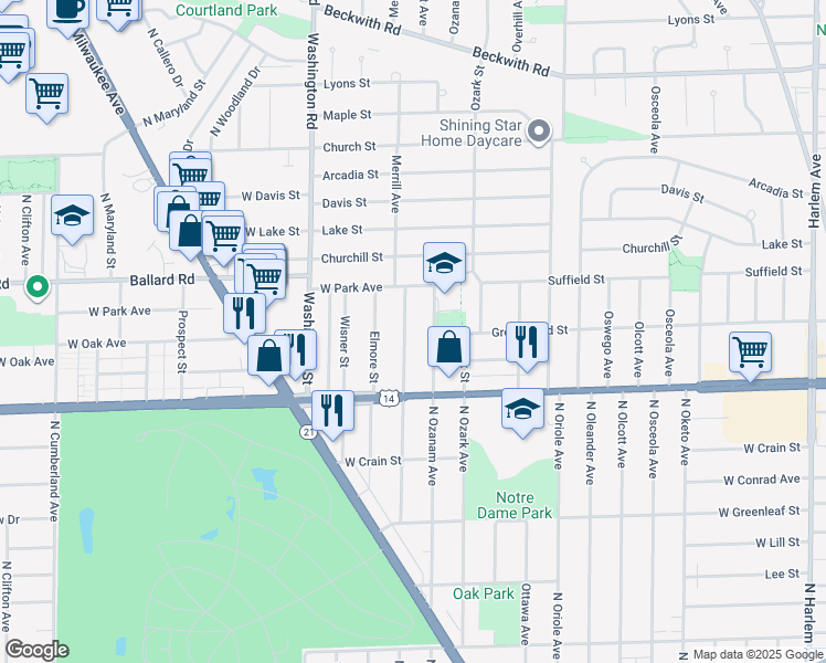 map of restaurants, bars, coffee shops, grocery stores, and more near 8847 North Merrill Street in Niles