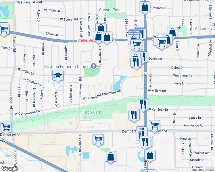 map of restaurants, bars, coffee shops, grocery stores, and more near 1308 Hunt Club Drive in Mount Prospect