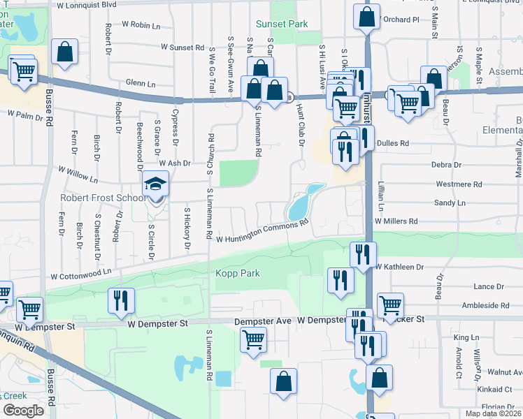 map of restaurants, bars, coffee shops, grocery stores, and more near 1308 South Sir Galahad Lane in Mount Prospect