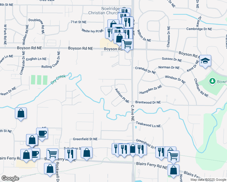 map of restaurants, bars, coffee shops, grocery stores, and more near 505 Ashton Place Northeast in Cedar Rapids