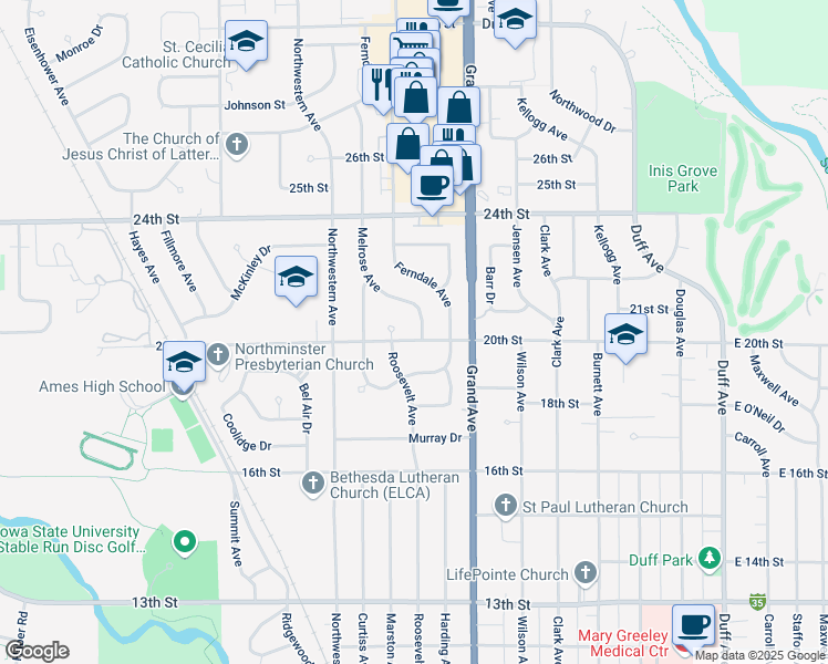 map of restaurants, bars, coffee shops, grocery stores, and more near in Ames