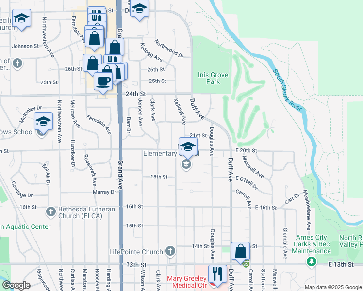 map of restaurants, bars, coffee shops, grocery stores, and more near 315 20th Street in Ames