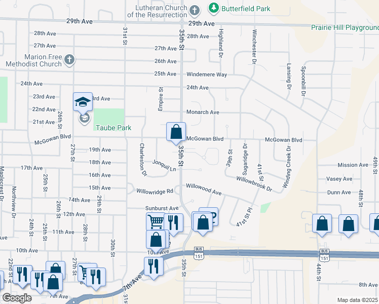 map of restaurants, bars, coffee shops, grocery stores, and more near Parkcrest Court in Marion