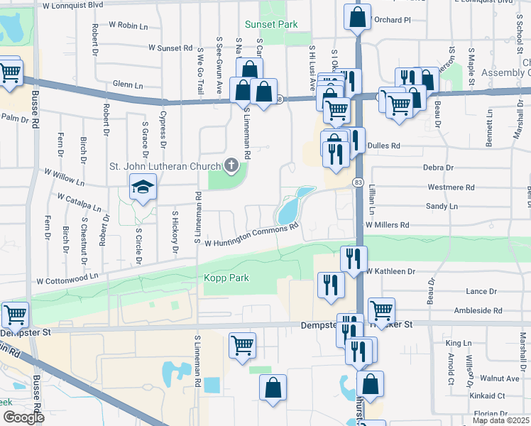map of restaurants, bars, coffee shops, grocery stores, and more near 1304 Hunt Club Drive in Mount Prospect