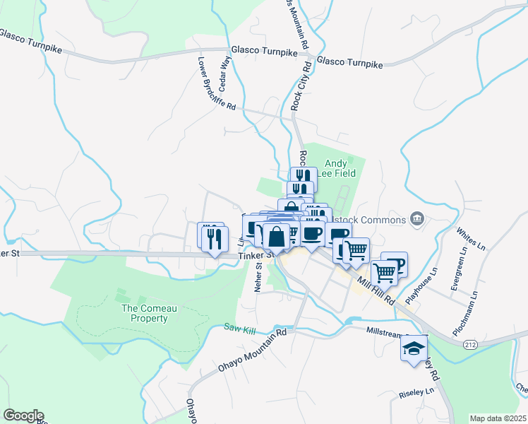 map of restaurants, bars, coffee shops, grocery stores, and more near 48 Mountainview Avenue in Woodstock
