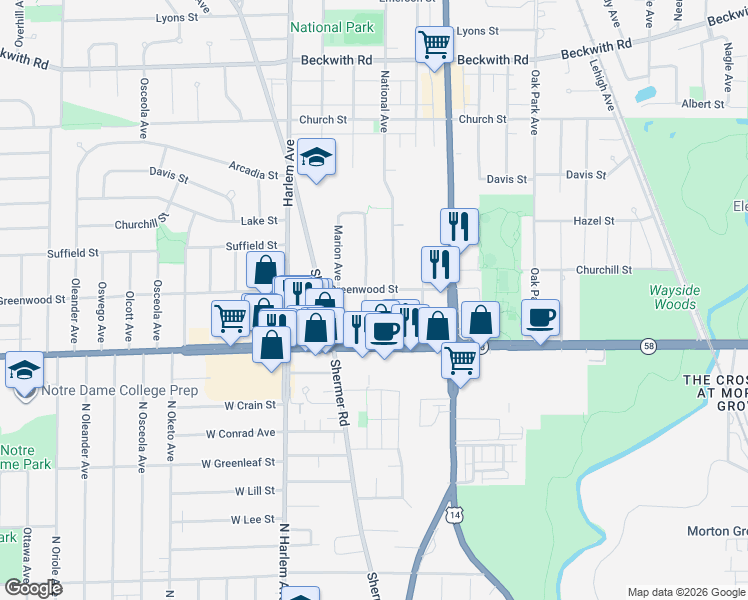 map of restaurants, bars, coffee shops, grocery stores, and more near 8829 Belleforte Avenue in Morton Grove