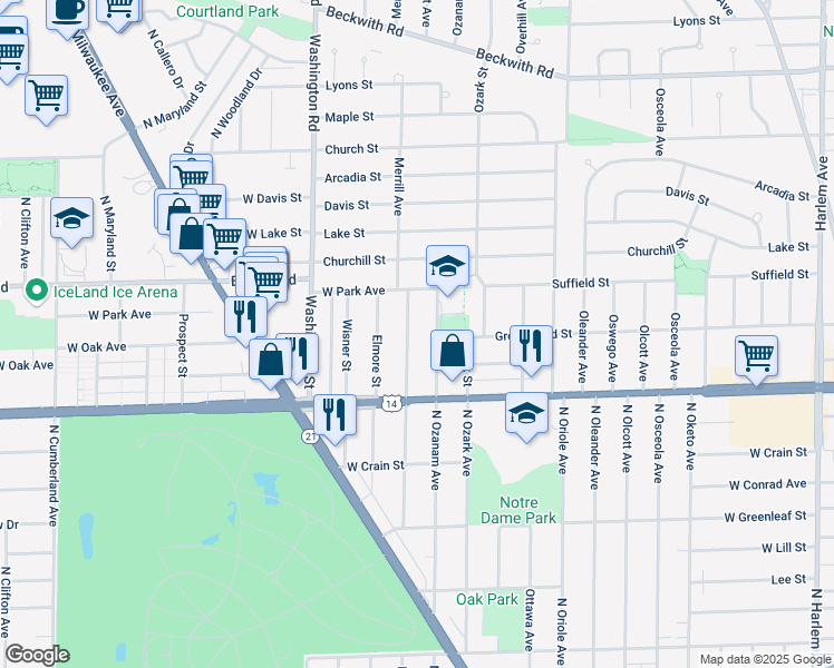 map of restaurants, bars, coffee shops, grocery stores, and more near 8847 North Merrill Street in Niles