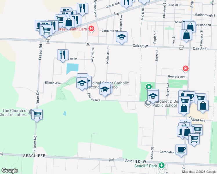 map of restaurants, bars, coffee shops, grocery stores, and more near 40 Nicholas Street in Essex County